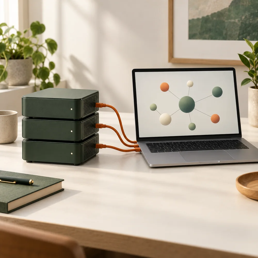 Concept illustration of compact computing modules connected to a laptop